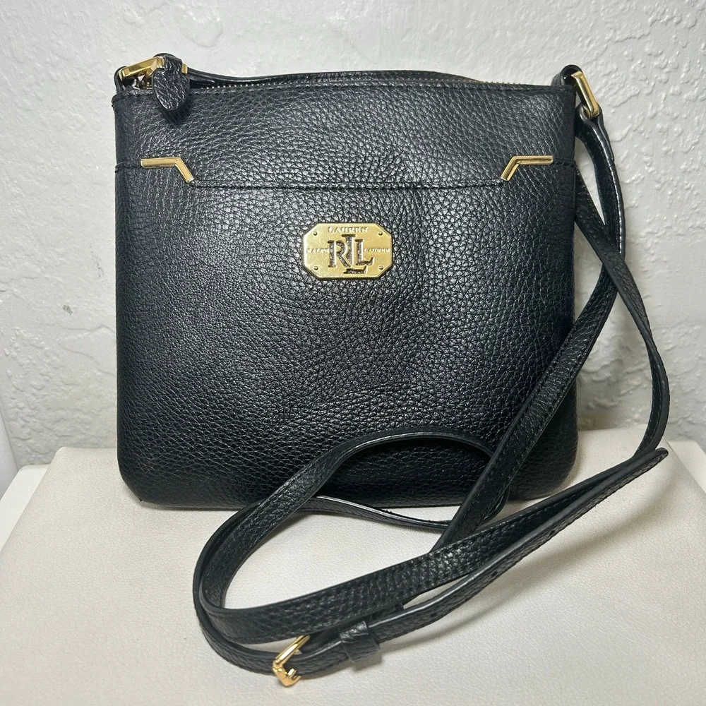 Lauren Ralph Lauren Black Faux‎ Leather Crossbody Bag Small Gold Hardware